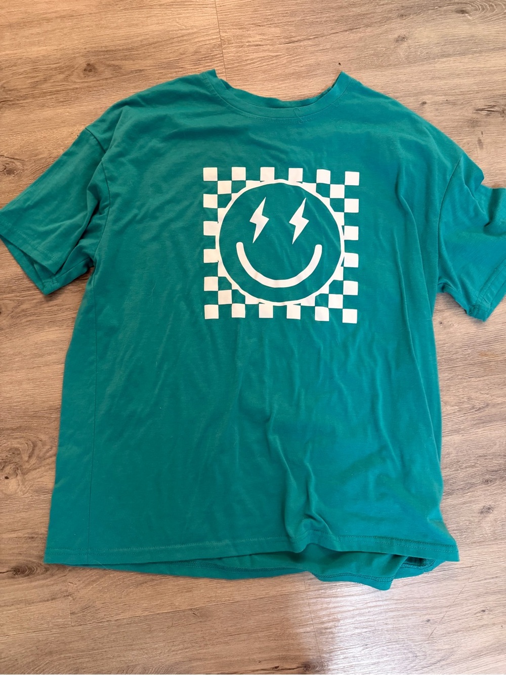Green Graphic Smile Tee with Checkerboard Design